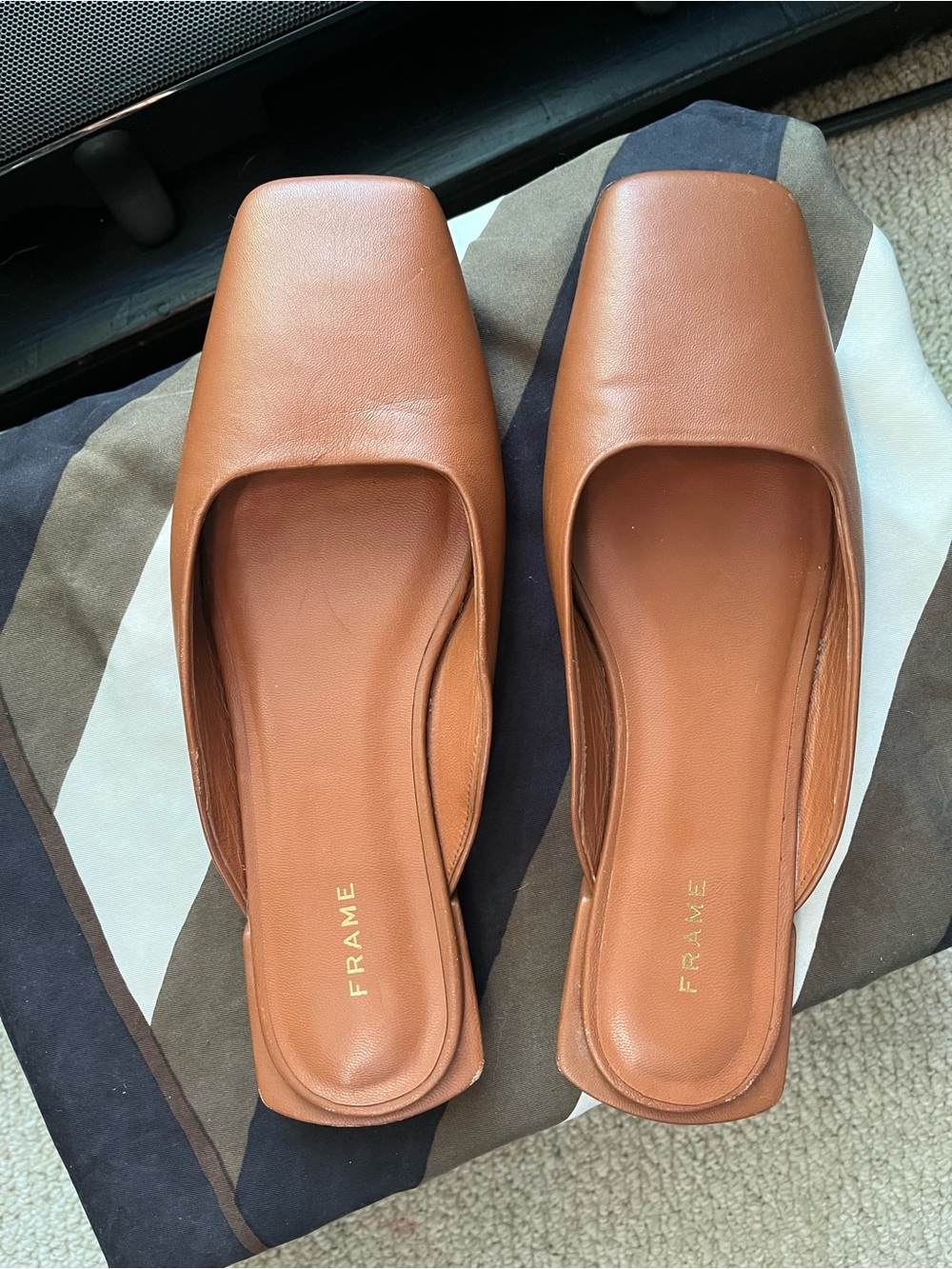 Frame Denim Cognac Leather Square-Toe Slide Mules